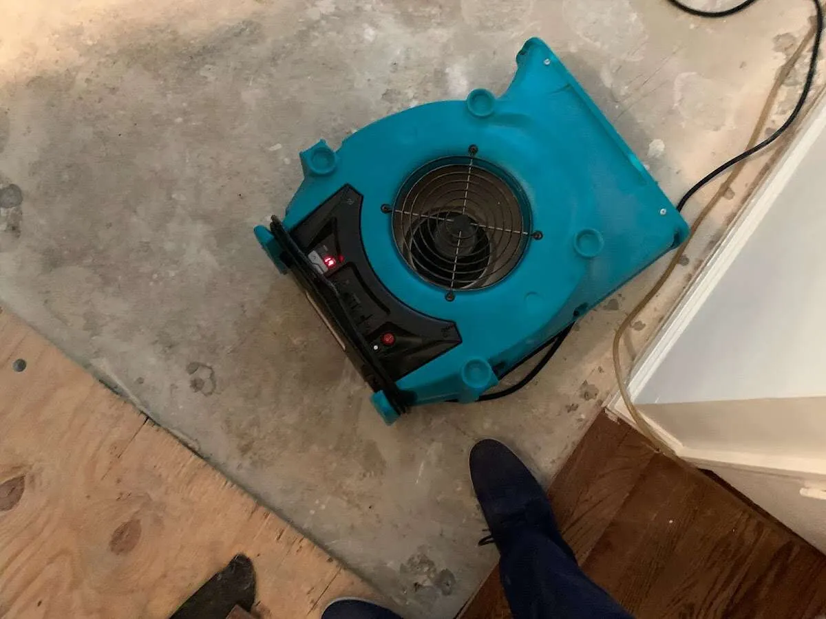 Air mover drying subfloor during Commercial Water Damage Restoration in Henrietta